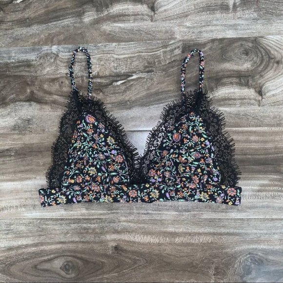 Anthropologie Bralette Women’s Size Small Black Multicolour Floral Lace Trim Top - Picture 2 of 4